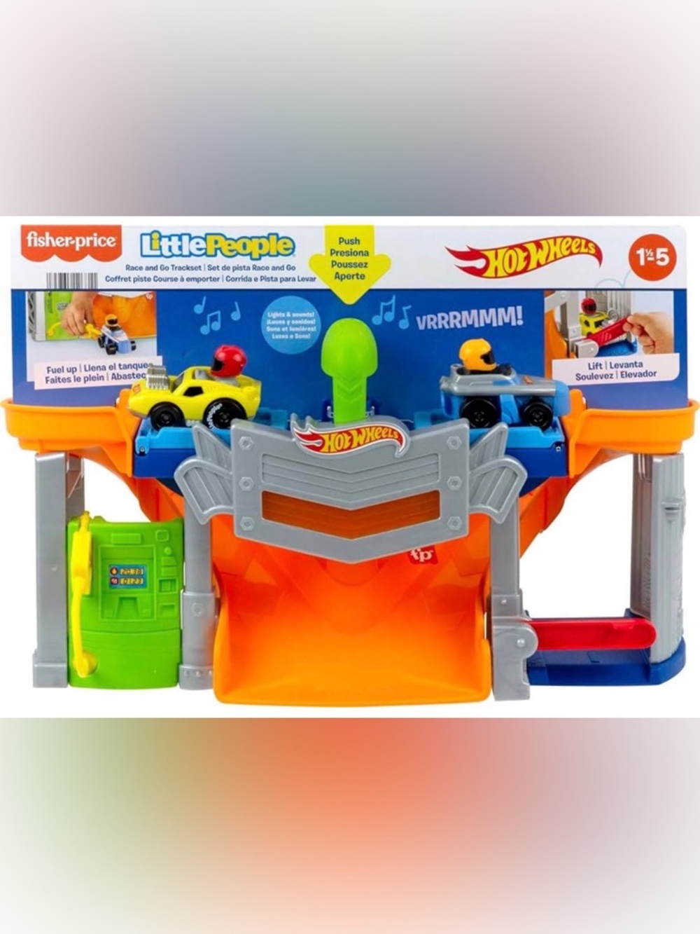 Fisher-Price Little People Hot Wheels Race & Go Trackset Lights Sounds Cars NWT